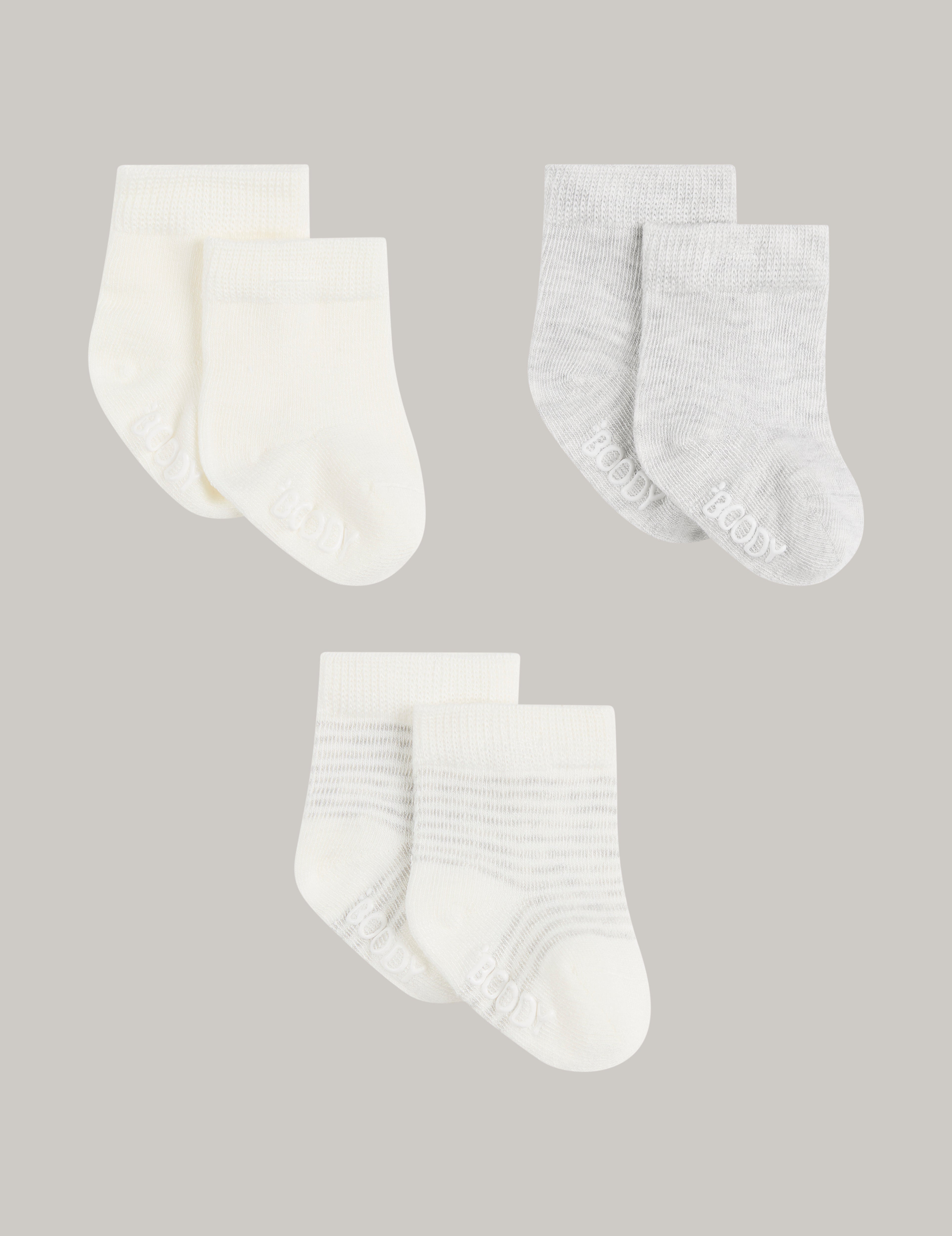 Baby Socks - 3 Pack - Heather Grey / Natural White / Stripe