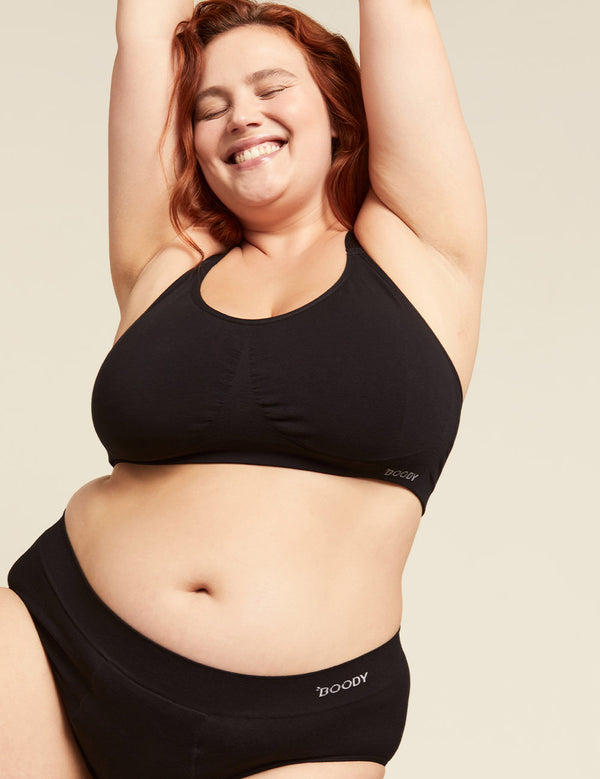 Boody Full Bust Wireless Bra with matching underwear in Black Front View