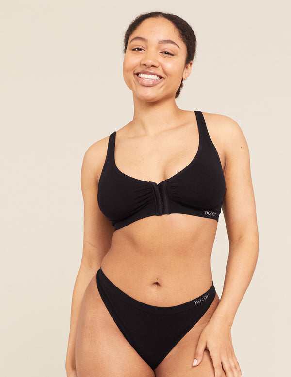 Boody Bamboo Padded Front Closure Bra with matching underwear in Black Front View