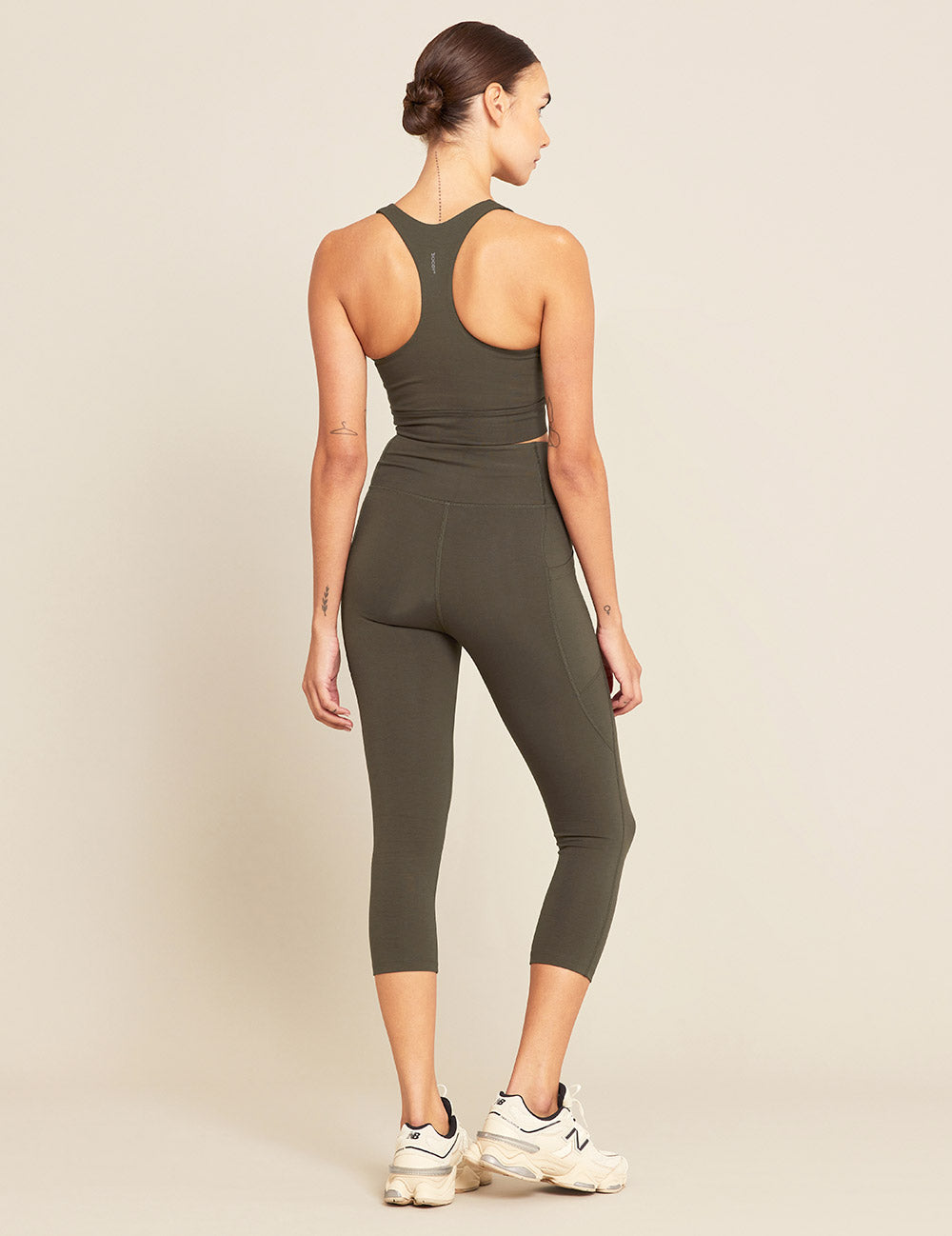 Boody Bamboo Active Blended High Waist 3/4 Legging in Dark Olive Back View