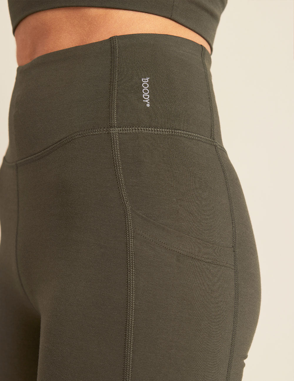 Boody Bamboo Active Blended High Waist 3/4 Legging in Dark Olive Side View Close up