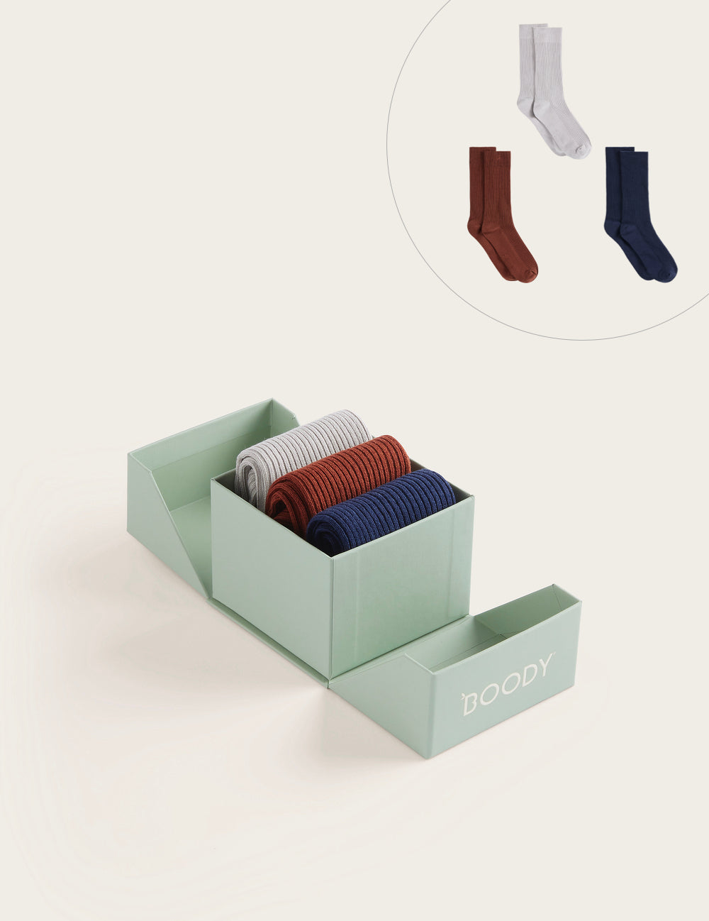 3-Pack Giftbox - Ribbed Crew Socks - Navy/Rust/Pebble