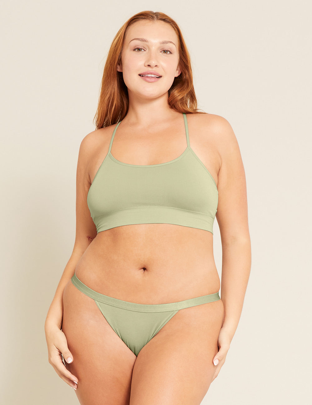 Boody Bamboo Lyocell Racerback Bra with matching underwear in Sage Green Front View