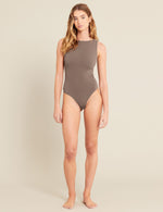 Boody Women's Ribbed Boat Neck Bodysuit Taupe Front