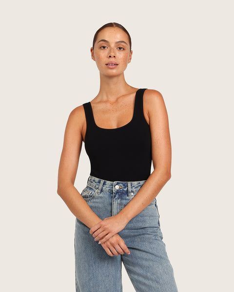 Women Square Neck Ripple Knit Bodysuit Black