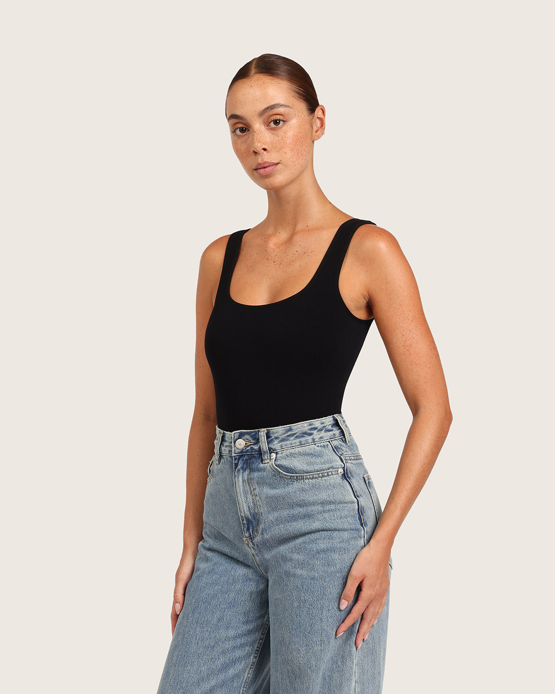 Ribbed Square Neck Bodysuit - Black