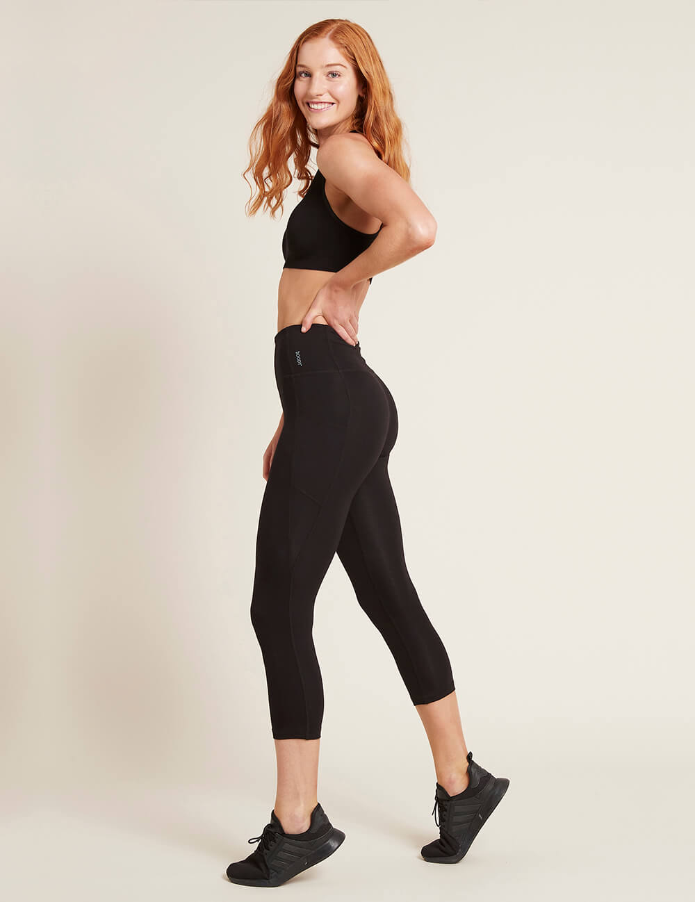 Boody Bamboo Active Blended High-Waisted 3/4 Leggings with Pockets in Black Side View