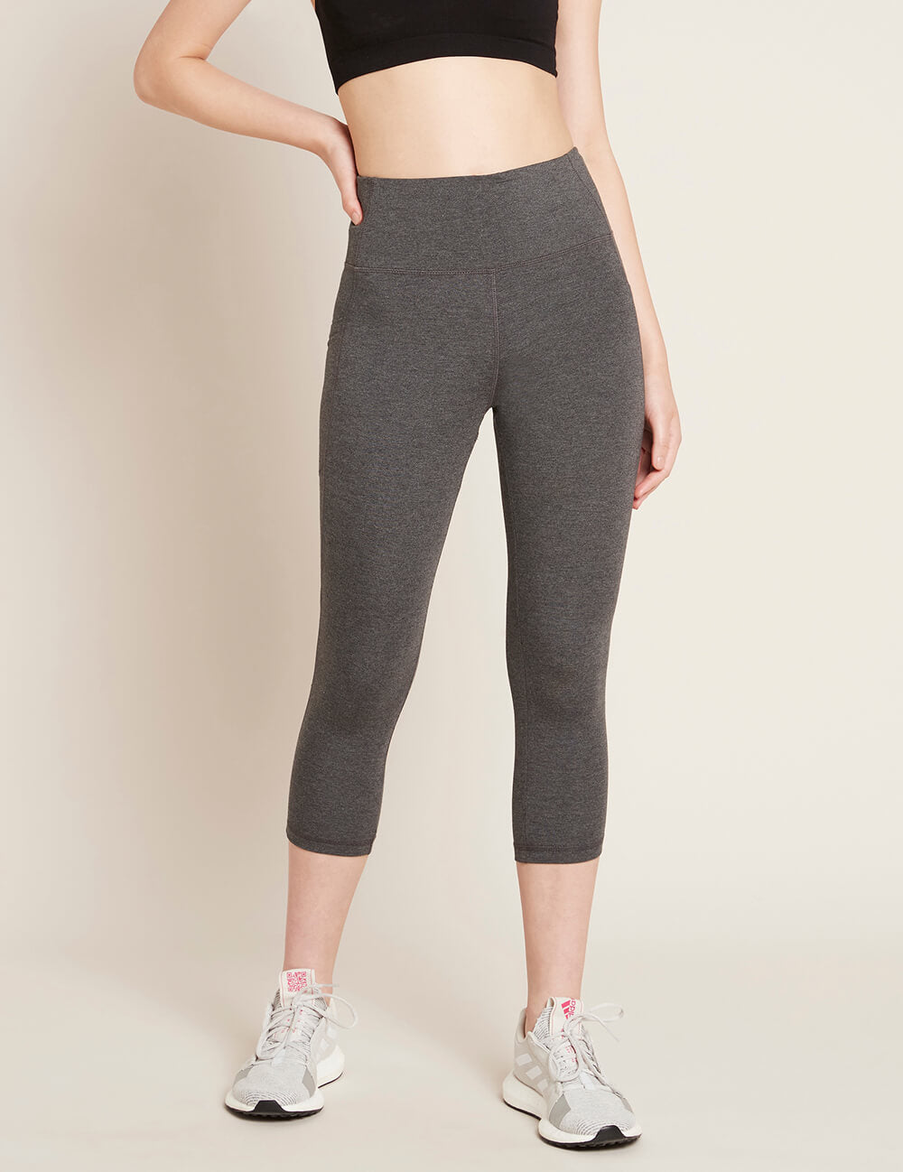 Boody Bamboo Active Blended High-Waisted 3/4 Leggings with Pockets in Dark Grey Front View