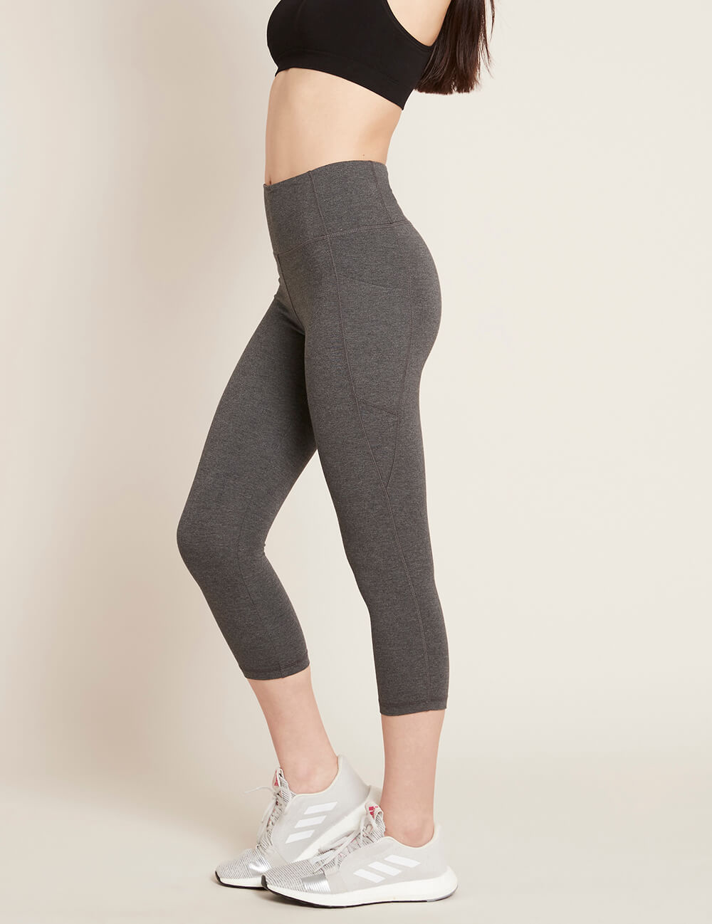 Boody Bamboo Active Blended High-Waisted 3/4 Leggings with Pockets in Dark Grey  Side View