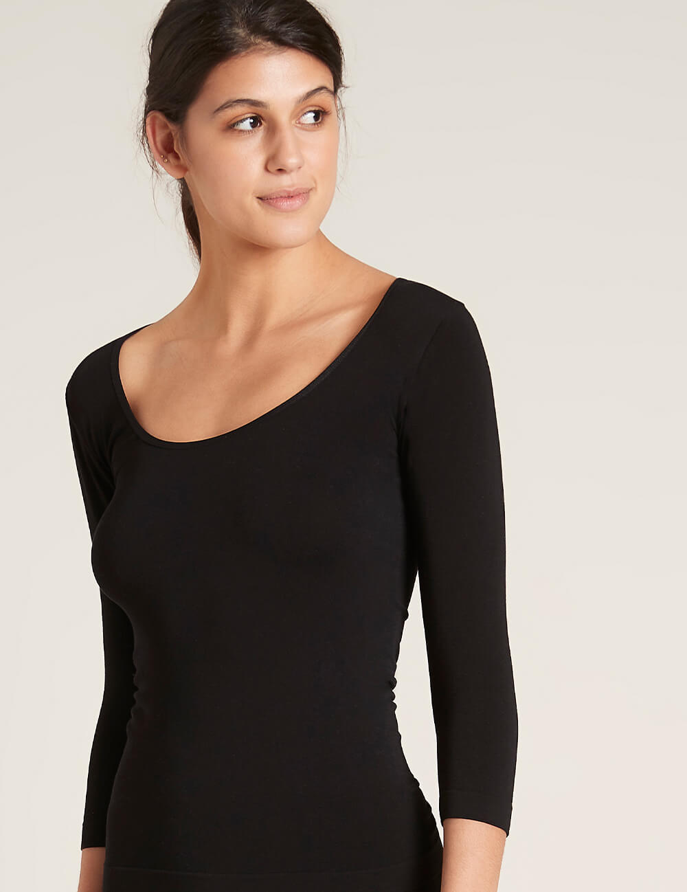 Boody Bamboo Women's Scoop Neck 3/4 Sleeve Shirt in Black Front View 3