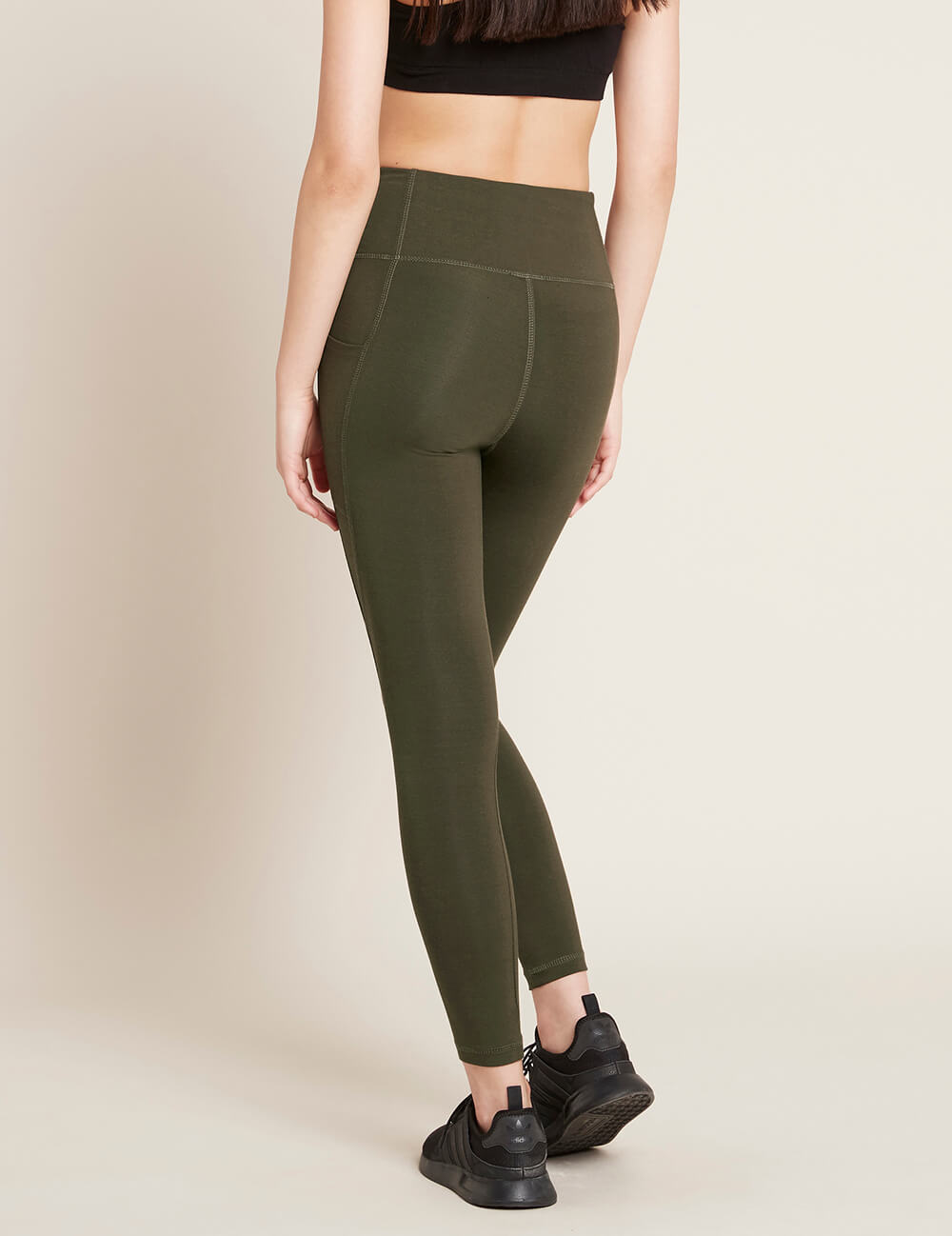 Boody Bamboo Organic Cotton Active Blended High-Waisted Full Leggings with Pocket in Dark Green Olive Rear View