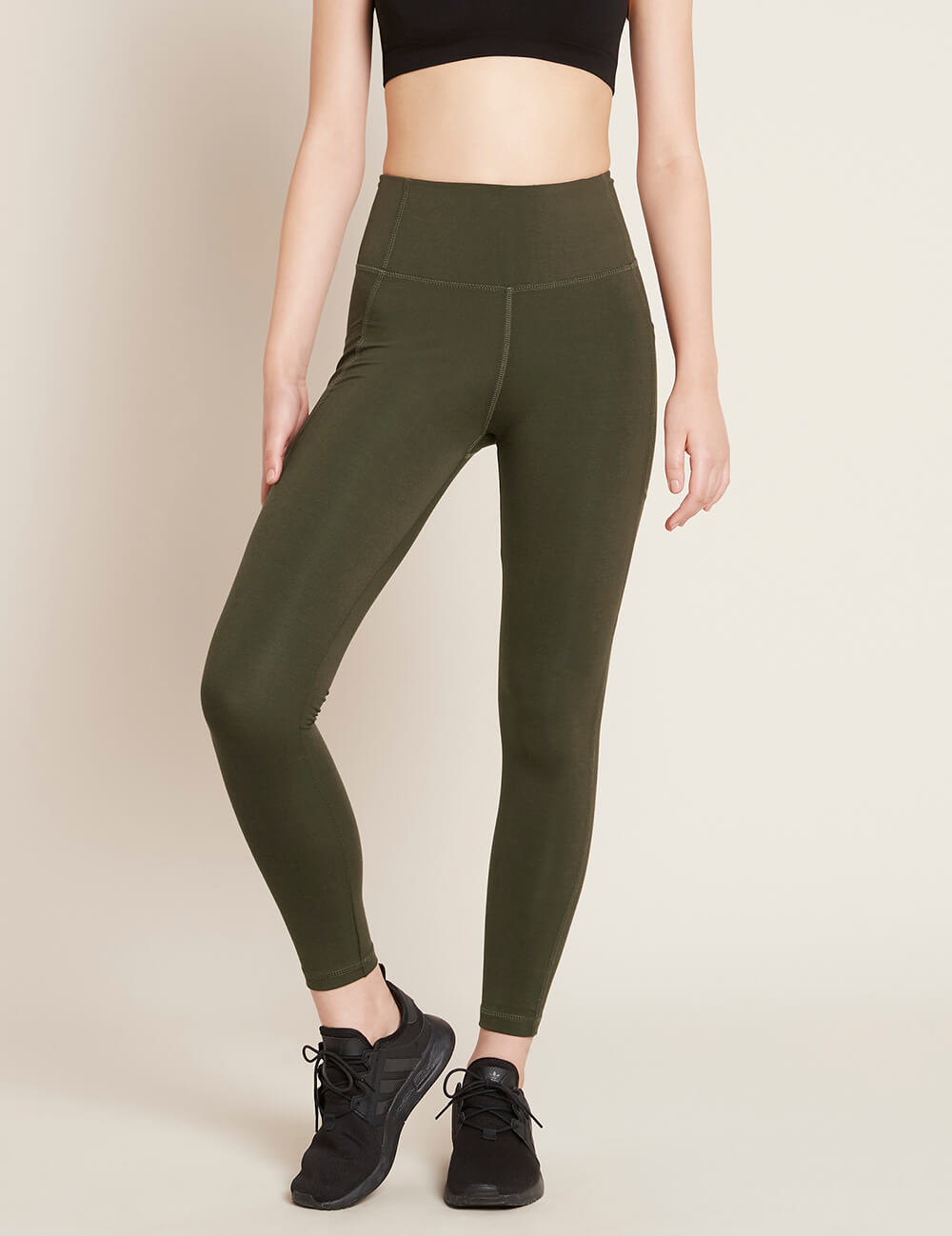 Boody Bamboo Organic Cotton Active Blended High-Waisted Full Leggings with Pocket in Dark Green Olive Front View