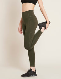 Boody Bamboo Organic Cotton Active Blended High-Waisted Full Leggings with Pocket in Dark Green Olive Side View