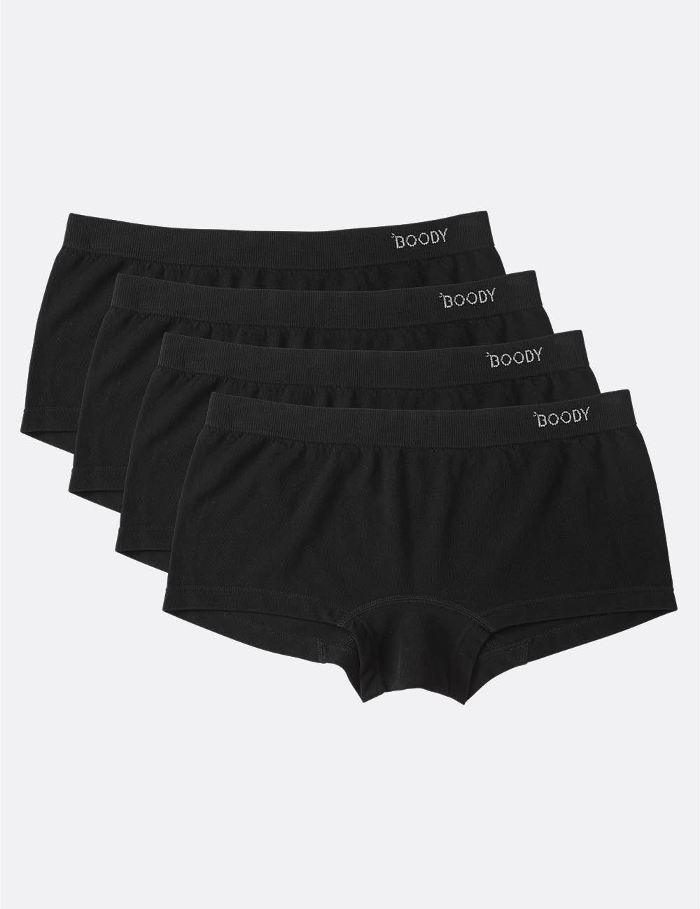 Boody Bamboo Boyleg Brief Boy Short Womens Underwear in Black 4-pack Flat Lay