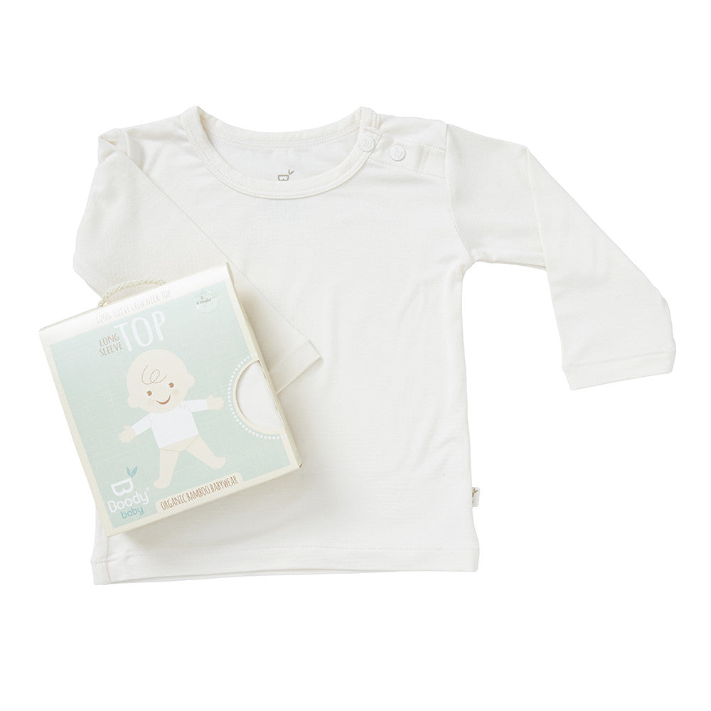 Boody Bamboo Baby Long Sleeve Top in White Flat Lay with Packaging