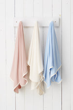 Boody Baby Bamboo Chalk White, Rose Pink, and Dove Blue Stretch Jersey Blanket