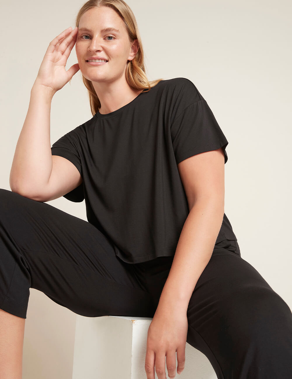 Boody Women's Downtime Crop Tee in Black Front 2