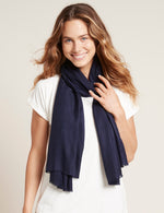 Boody Fringed Hem Scarf for Women in Navy Blue Front 3