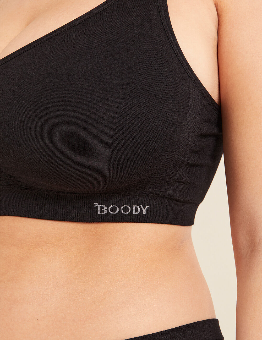 Boody Full Bust Wireless Bra with matching underwear in Black Front View Close
