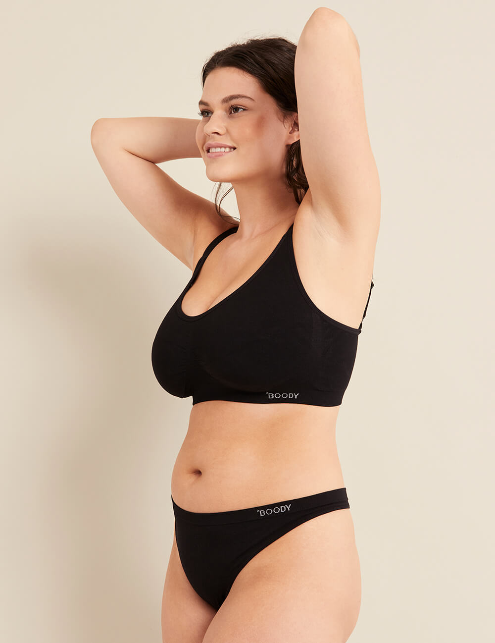 Boody Full Bust Wireless Bra with matching underwear in Black Side View