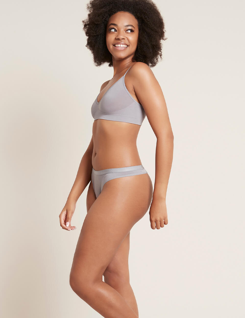 Boody Bamboo Lyocell G-String Underwear in Mist Grey with matching bra side view