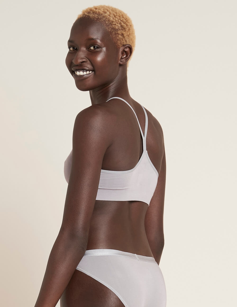 Boody Bamboo Lyocell Racerback Bra with matching underwear in Mist Light Grey Back View