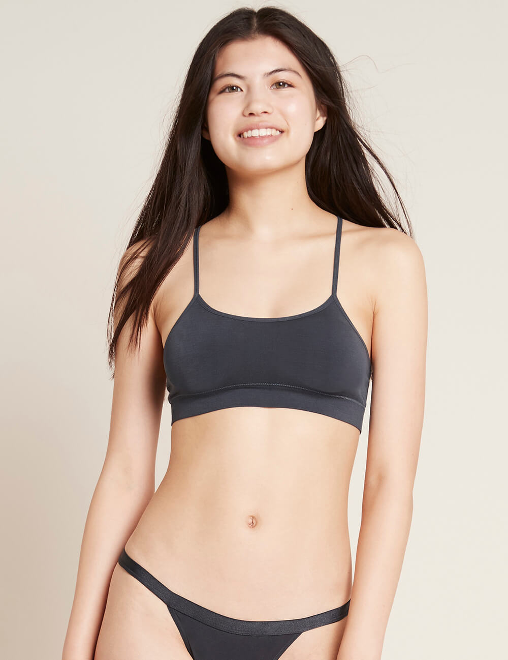 Boody Bamboo Lyocell Racerback Bra with matching underwear in Storm Dark Grey Front View