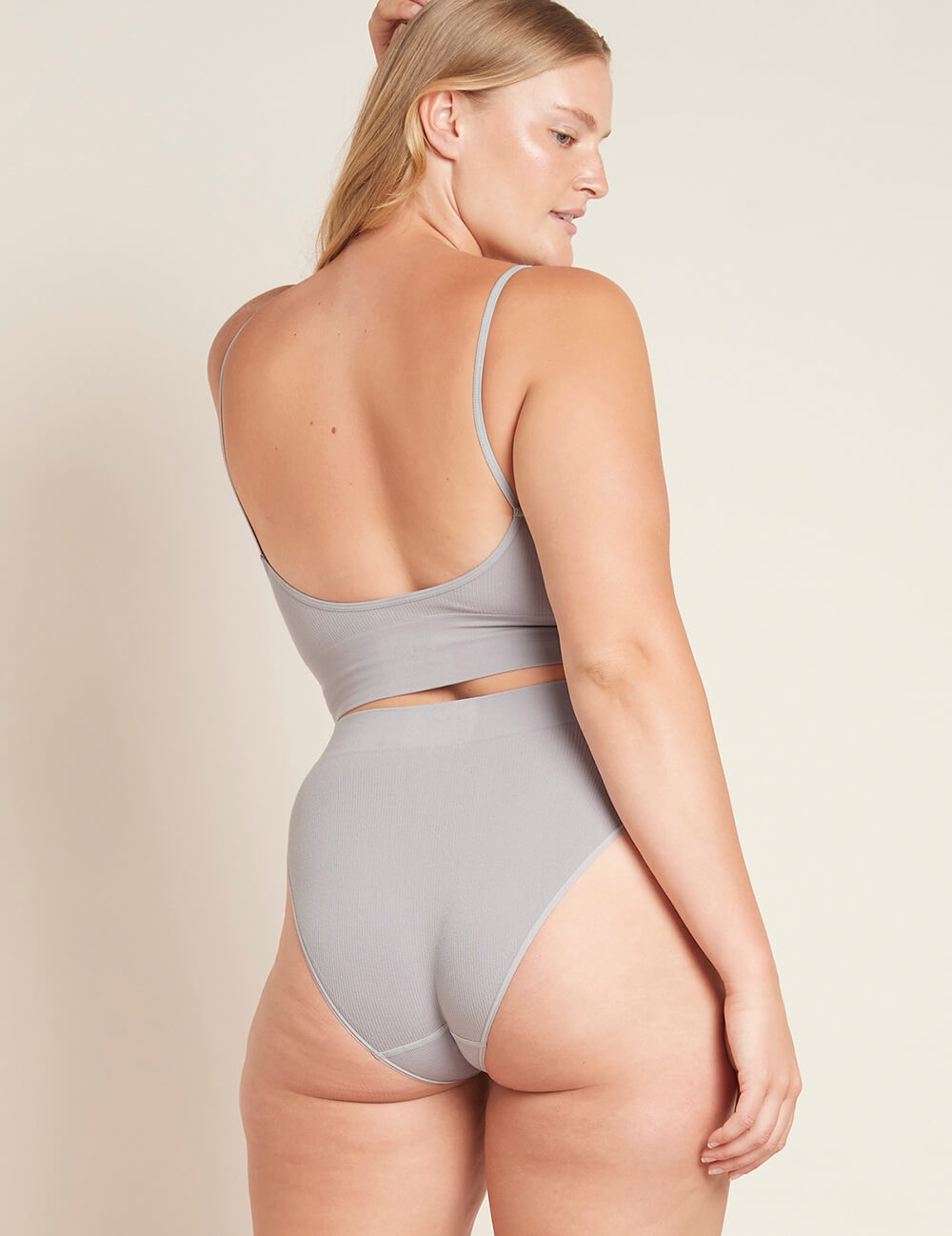 Boody Bamboo Lyocell Ribbed High Leg Brief Underwear with matching bra in Mist Light Grey Back View