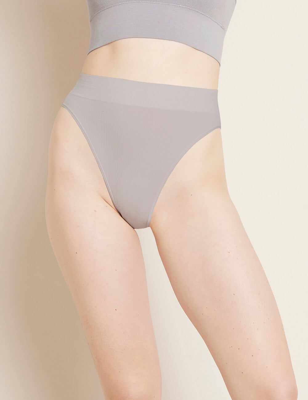 Boody Bamboo Lyocell Ribbed High Leg Brief Underwear with matching bra in Mist Light Grey Front View 2