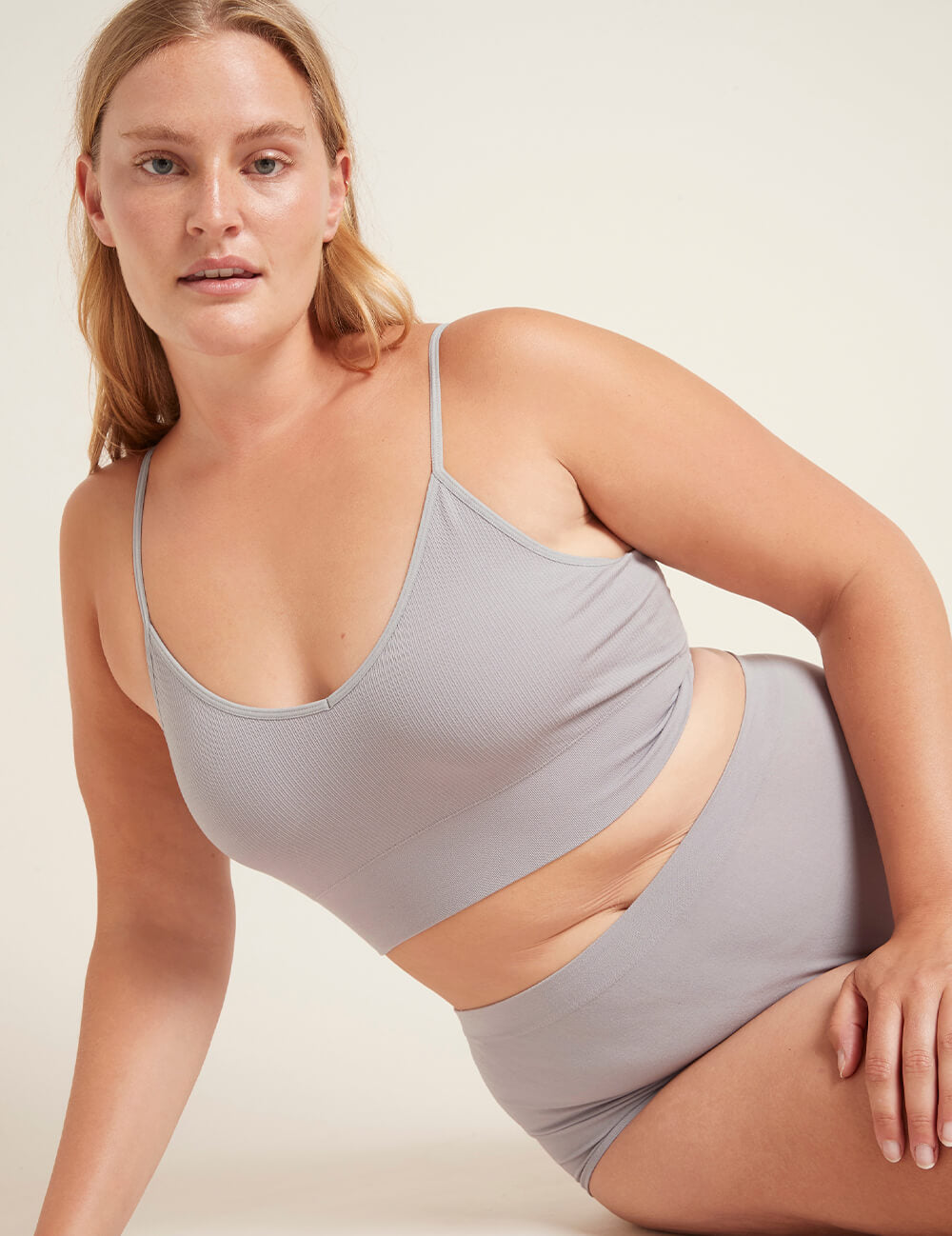 Boody Bamboo Lyocell Ribbed Low Back Bra in Mist Light Grey with matching Underwear seated view