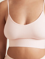Boody Bamboo Lyocell Ribbed Low Back Bra in Powder Pink with matching Underwear detail view
