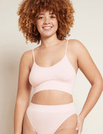 Boody Bamboo Lyocell Ribbed Low Back Bra in Powder Pink with matching Underwear front view