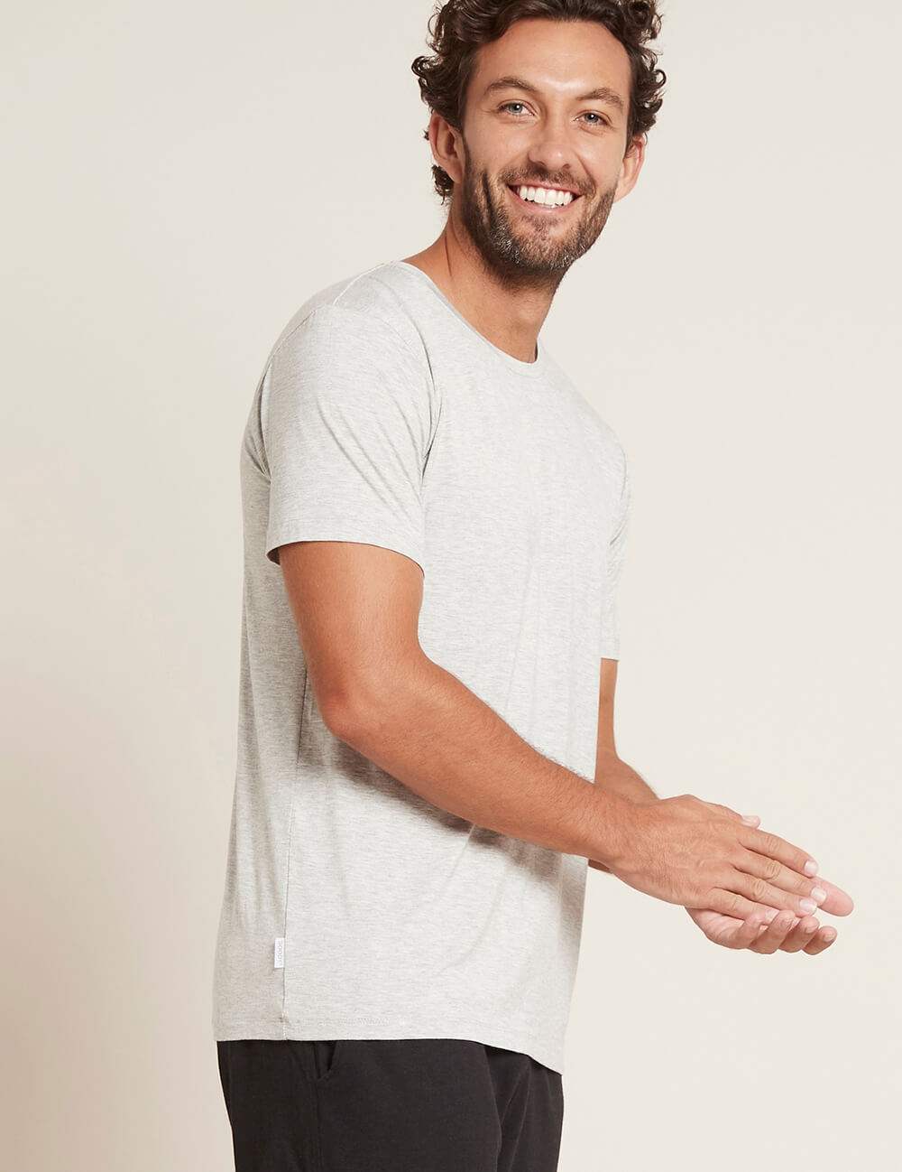Boody Bamboo Mens Crew Neck Shirt in Light Grey Marl Side View