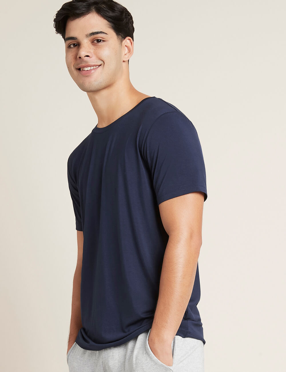 Boody Bamboo Mens Crew Neck Shirt in Navy Blue Side View