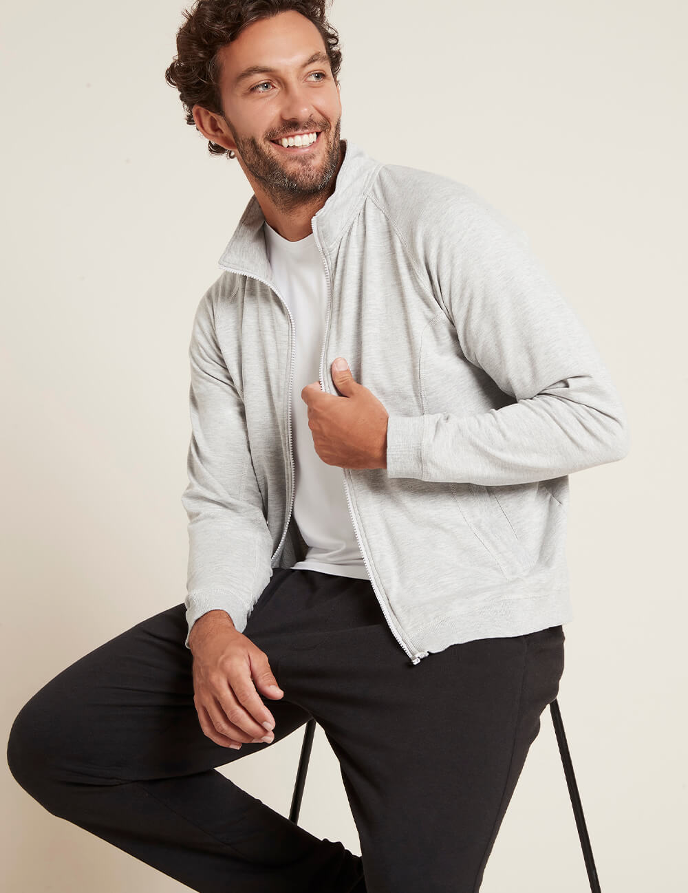 Boody Men's Weekend Zip Up Sweater in Light Grey Side