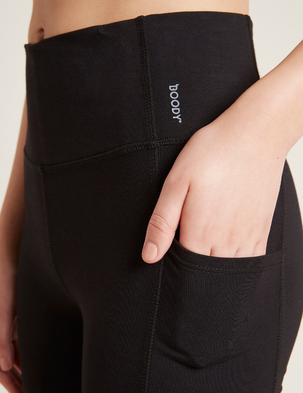 Boody Bamboo Active High-Waisted 5" Exercise Short with Pockets in Black Cell Phone Pocket Detail View