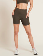 Boody Bamboo Active High-Waisted 5" Exercise Short with Pockets in Dark Olive Green Front View