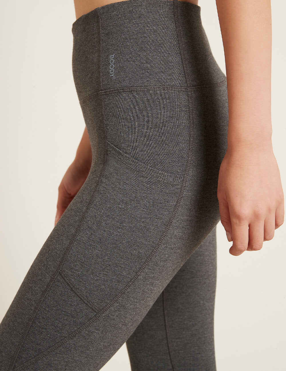 Boody Bamboo Organic Cotton Active Blended High-Waisted Full Leggings with Pocket in Dark Grey Cell Phone Pocket Detail View