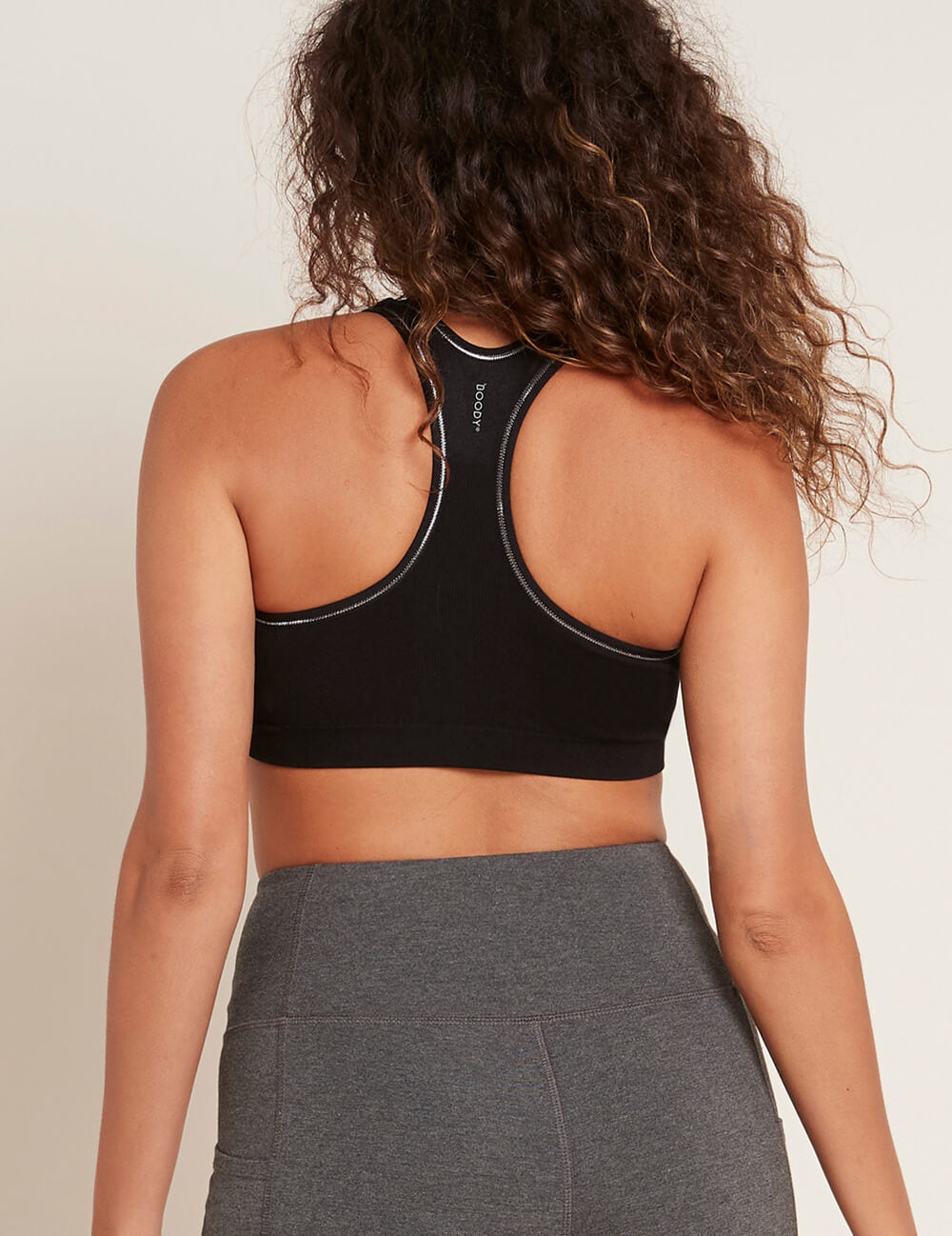 Boody Bamboo Racerback Sports Bra in Black with Silver Stitch Back View