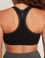 Boody Bamboo Racerback Sports Bra in Black with Silver Stitch Back Detail View