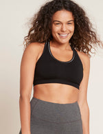 Boody Bamboo Racerback Sports Bra in Black with Silver Stitch Front View 2