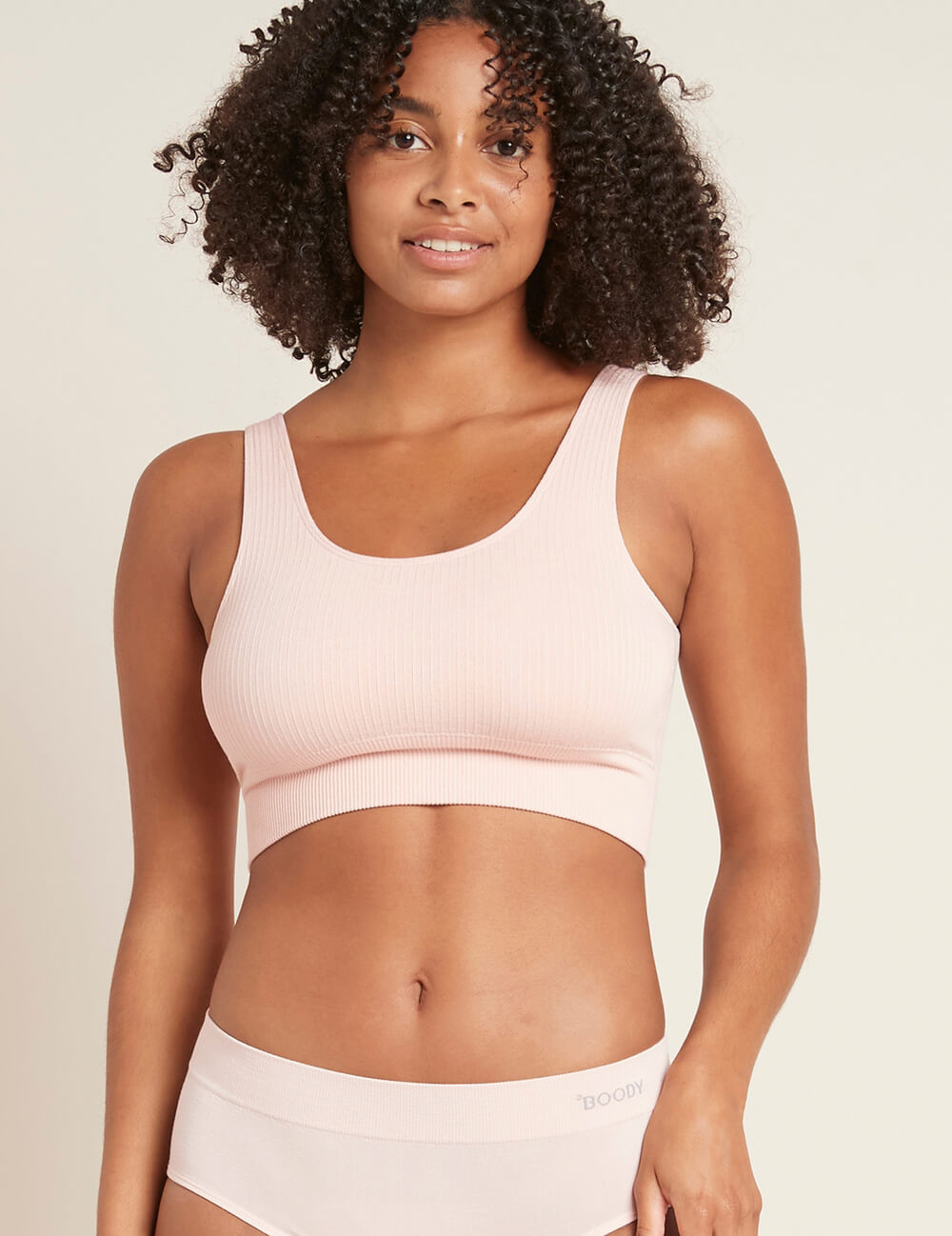 Boody Bamboo Viscose Ribbed Seamless Bra in Powder Pink Front View