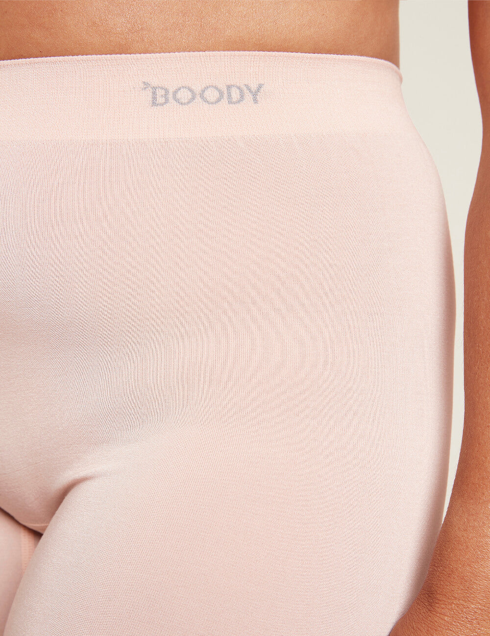 Boody women's Smoothing Short Anti Chafe Underwear in Nude with Matching Bra Detail