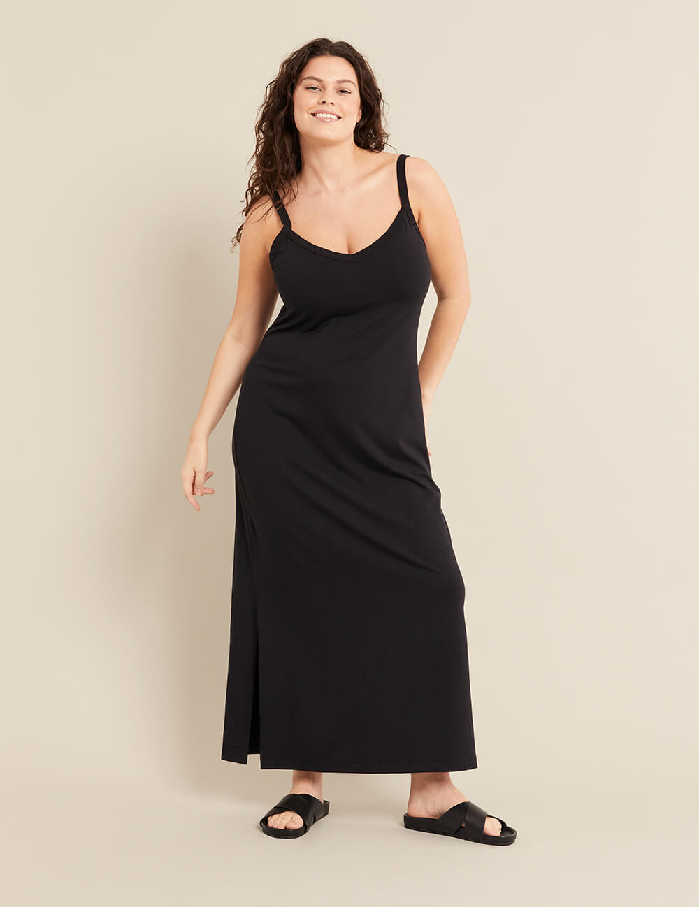Boody Women's V-Neck Slip Dress in Black Front 3