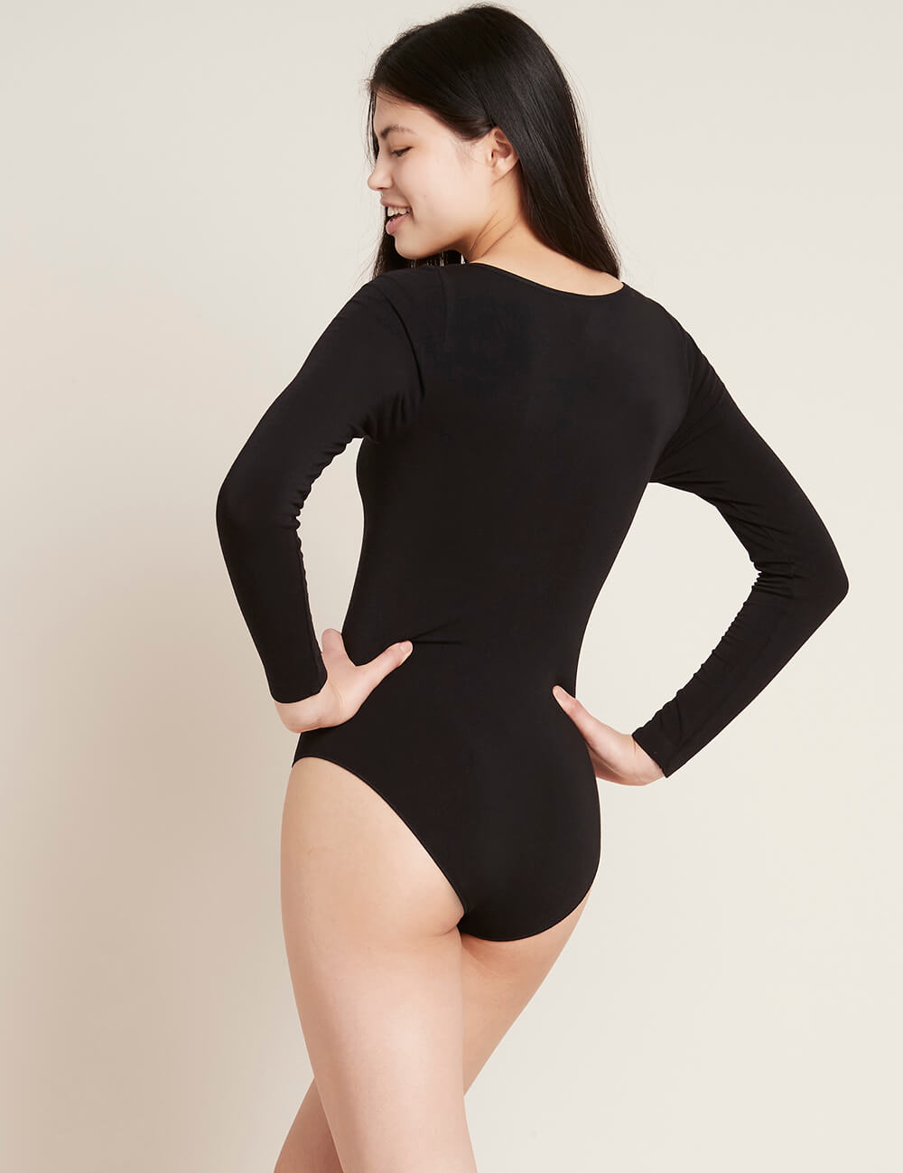 Boody Bamboo Women's Long Sleeve Bodysuit in Black Back View