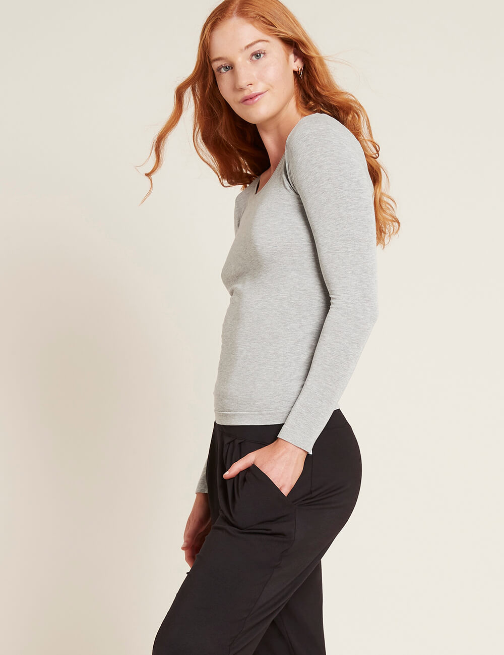 Boody Bamboo Women's Long Sleeve Top in Light Grey Side View