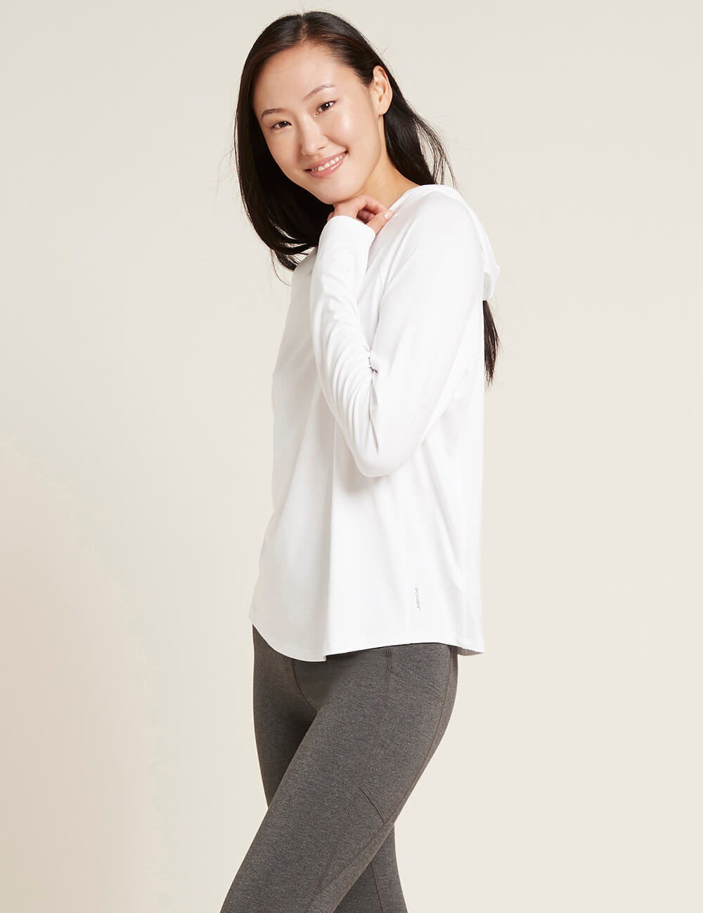 Boody Bamboo Active Long Sleeve Hooded T-Shirt in White Side View
