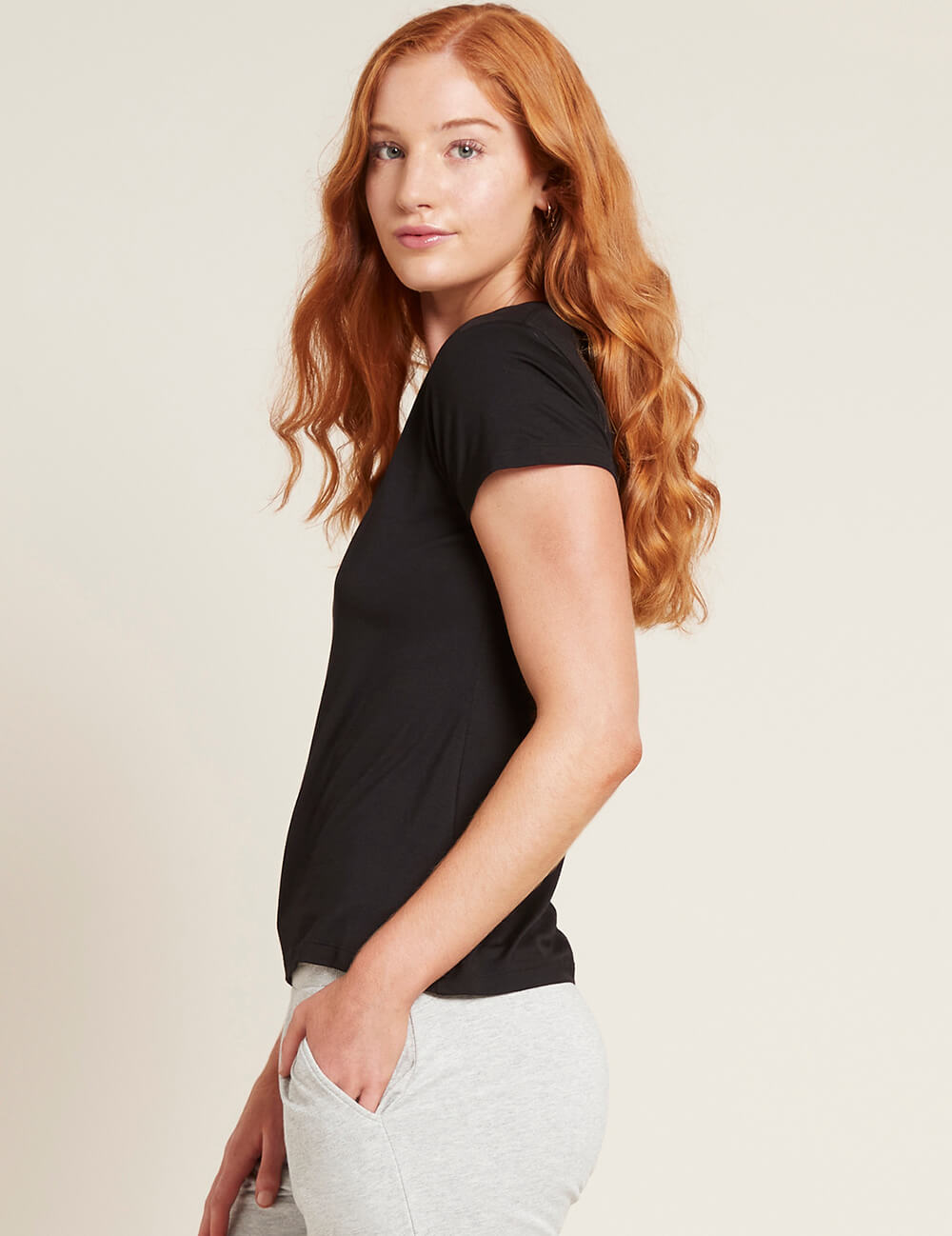 Boody Bamboo Women's V-Neck T-Shirt in Black Side View